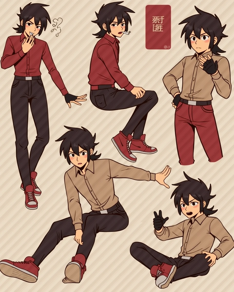White character with black mullet hair, Defined black goatee, evil gaze, cigarette in the mouth, stylish red and black clothes, stylish gloves and red air jordan sneakers.