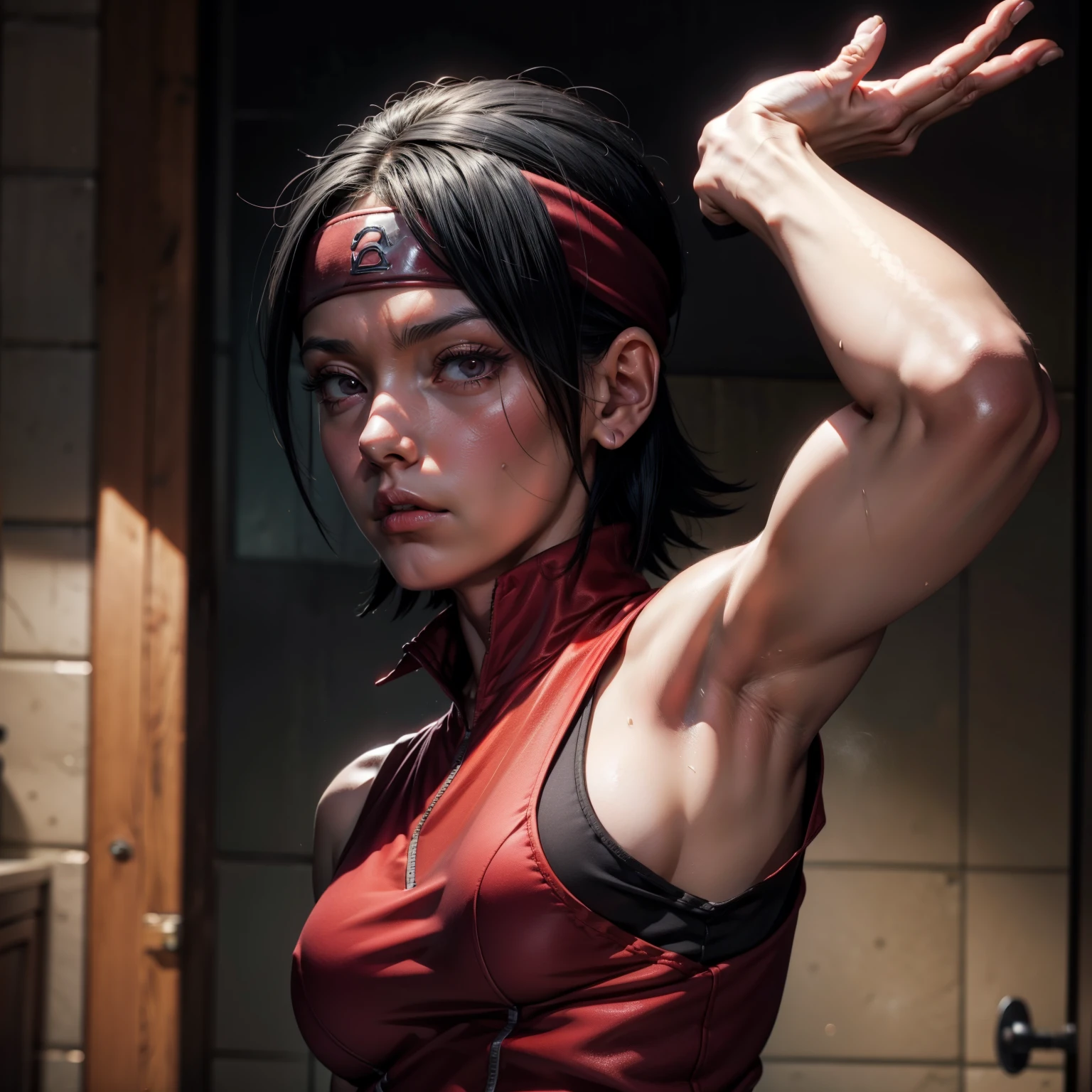 Sarada Uchiha, short black hair, black bandana on his forehead , red sleeveless shirt , short short , scene in a bathroom, moving hands up you can see her armpits exhausted covered in sweat, medium breasts, a lot of sweat