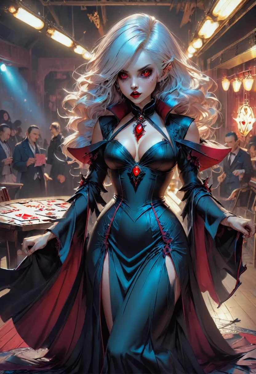 a portrait of a vampire playing poker game of cards, holding cards ((cards not shown:1.5)) the cards are dripping blood, an exquisite beautiful vampire, goth vampire, ((dynamic hair color: 1.5)), white pale skin, some blood veins are seen on the skin, red lips, red eyes, glowing eyes, wearing goth dress, silk dress, there are diamonds on the dress, earing a choker studded with a red diamond, ((vampire fangs:1.5)), she sits near a poker table in a dark fantasy room, there is a playing table, torch light,  vibrant, Ultra-high resolution, High Contrast, (masterpiece:1.5), highest quality, Best aesthetics), best details, best quality, highres, ultra wide angle, 16k, [ultra detailed], masterpiece, best quality, (extremely detailed: 1.5), vampire fangs, NRART