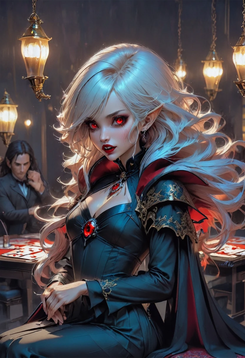 a portrait of a vampire playing poker game of cards, holding cards ((cards not shown:1.5)) the cards are dripping blood, an exquisite beautiful vampire, goth vampire, ((dynamic hair color: 1.5)), white pale skin, some blood veins are seen on the skin, red lips, red eyes, glowing eyes, wearing goth dress, silk dress, there are diamonds on the dress, earing a choker studded with a red diamond, ((vampire fangs:1.5)), she sits near a poker table in a dark fantasy room, there is a playing table, torch light,  vibrant, Ultra-high resolution, High Contrast, (masterpiece:1.5), highest quality, Best aesthetics), best details, best quality, highres, ultra wide angle, 16k, [ultra detailed], masterpiece, best quality, (extremely detailed: 1.5), vampire fangs, NRART