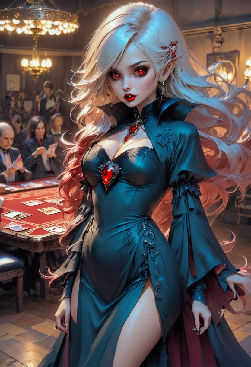 a portrait of a vampire playing poker game of cards, holding cards ((cards not shown:1.5)) the cards are dripping blood, an exquisite beautiful vampire, goth vampire, ((dynamic hair color: 1.5)), white pale skin, some blood veins are seen on the skin, red lips, red eyes, glowing eyes, wearing goth dress, silk dress, there are diamonds on the dress, earing a choker studded with a red diamond, ((vampire fangs:1.5)), she sits near a poker table in a dark fantasy room, there is a playing table, torch light,  vibrant, Ultra-high resolution, High Contrast, (masterpiece:1.5), highest quality, Best aesthetics), best details, best quality, highres, ultra wide angle, 16k, [ultra detailed], masterpiece, best quality, (extremely detailed: 1.5), vampire fangs, NRART