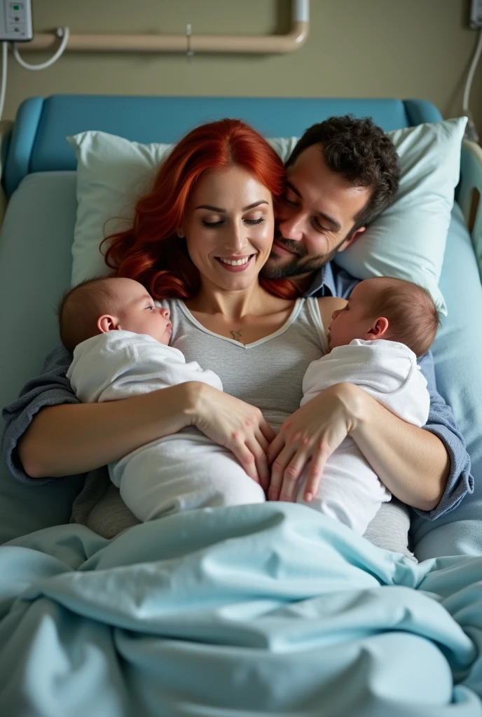 A red-haired woman in the hospital with two  in her arms and a man hugging her