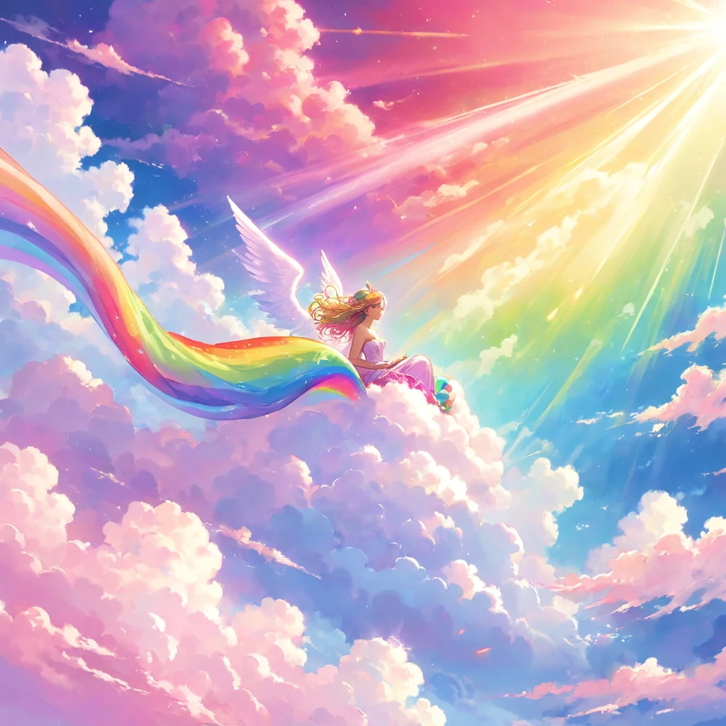 A stunningly ethereal woman, composed of a dazzling array of rainbow hues, reclines gracefully at the end of a radiant rainbow amidst the fluffy clouds in the sky. Bathed in dynamic and enchanting lighting, accentuates her vibrant, full-bodied form. Fantasy art. Masterpiece