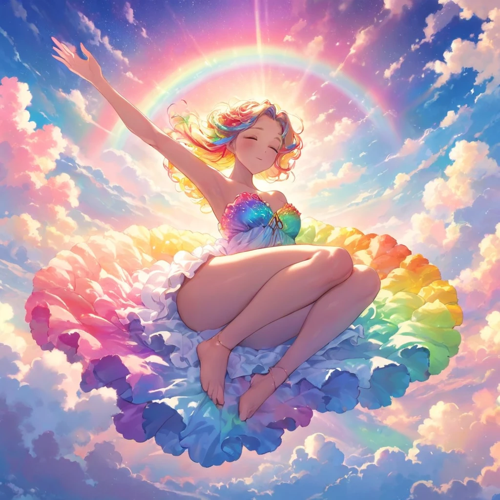 A stunningly ethereal woman, composed of a dazzling array of rainbow hues, reclines gracefully at the end of a radiant rainbow amidst the fluffy clouds in the sky. Bathed in dynamic and enchanting lighting, accentuates her vibrant, full-bodied form. Fantasy art. Masterpiece 
