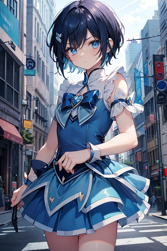 (((blue magical girl))), solo, black hair, (short hair), city town, angry, hair pin, monitor
