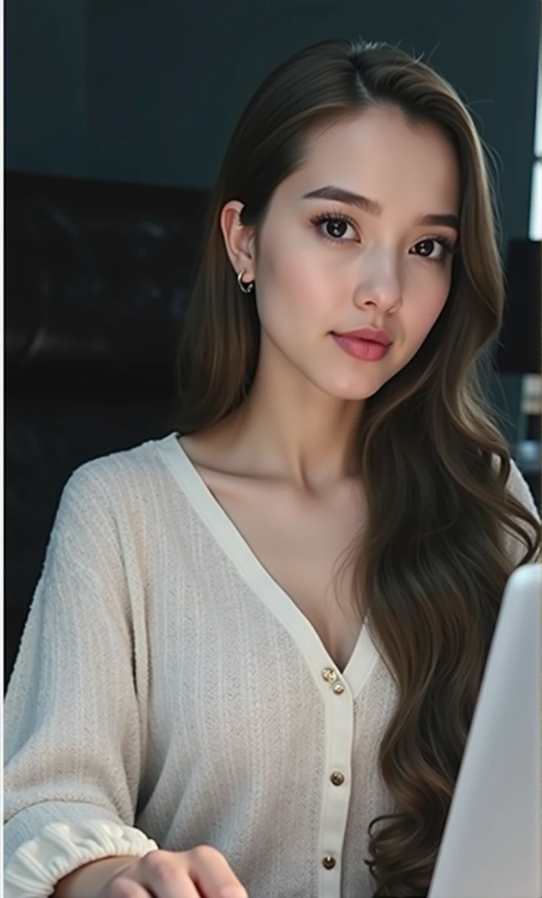 a beautiful girl with long blonde hair, detailed eyes, nose, and lips, wearing professional outfit, siting in her office, using her computer, hp comuter (best quality,4k,8k,highres,masterpiece:1.2),ultra-detailed,(realistic,photorealistic,photo-realistic:1.37),HDR,studio lighting,extremely detailed face and body, portrait,cinematic lighting,dramatic lighting,warm color tones,dramatic colors