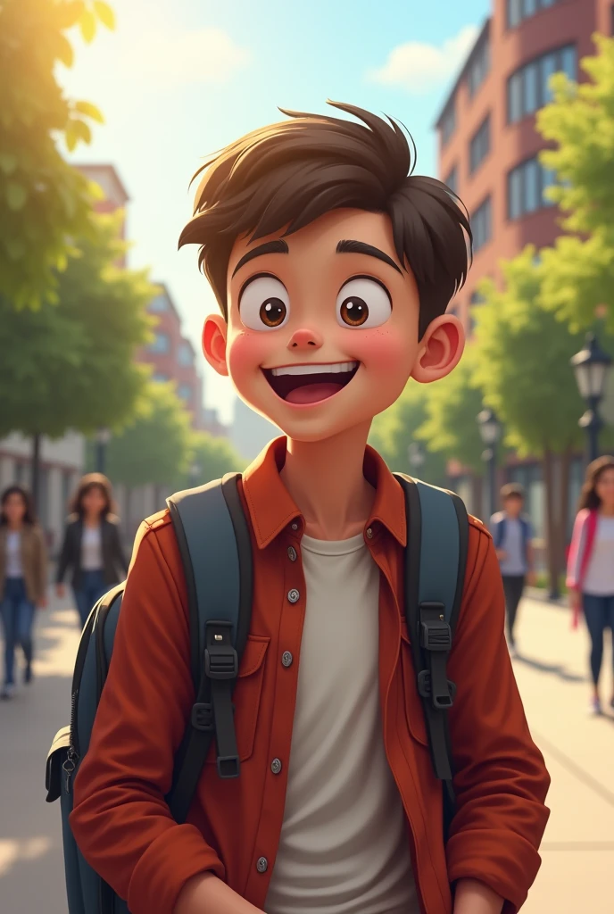 A 18 year old boy going to university and a bag on his back being happy