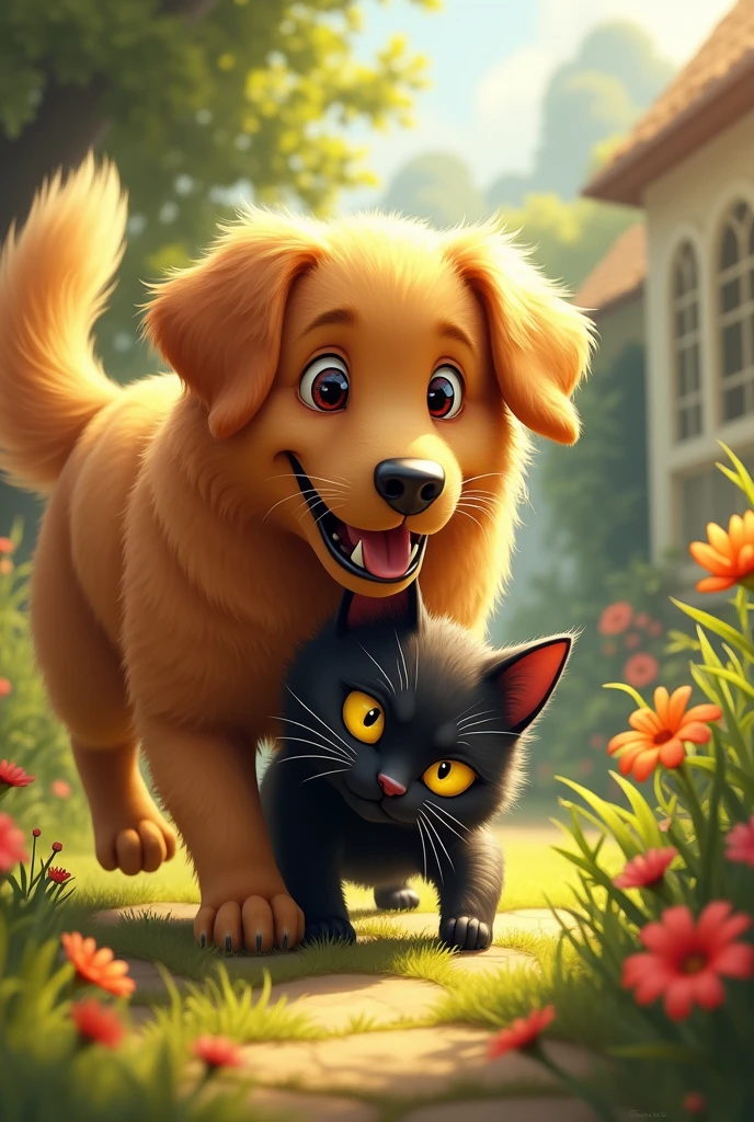 Happy golden retriever dog and black cat with a bad face