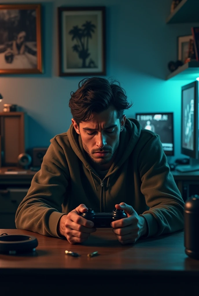 Man sad, WITH A BROKEN HEART. (feeling)
fund, room gamer.