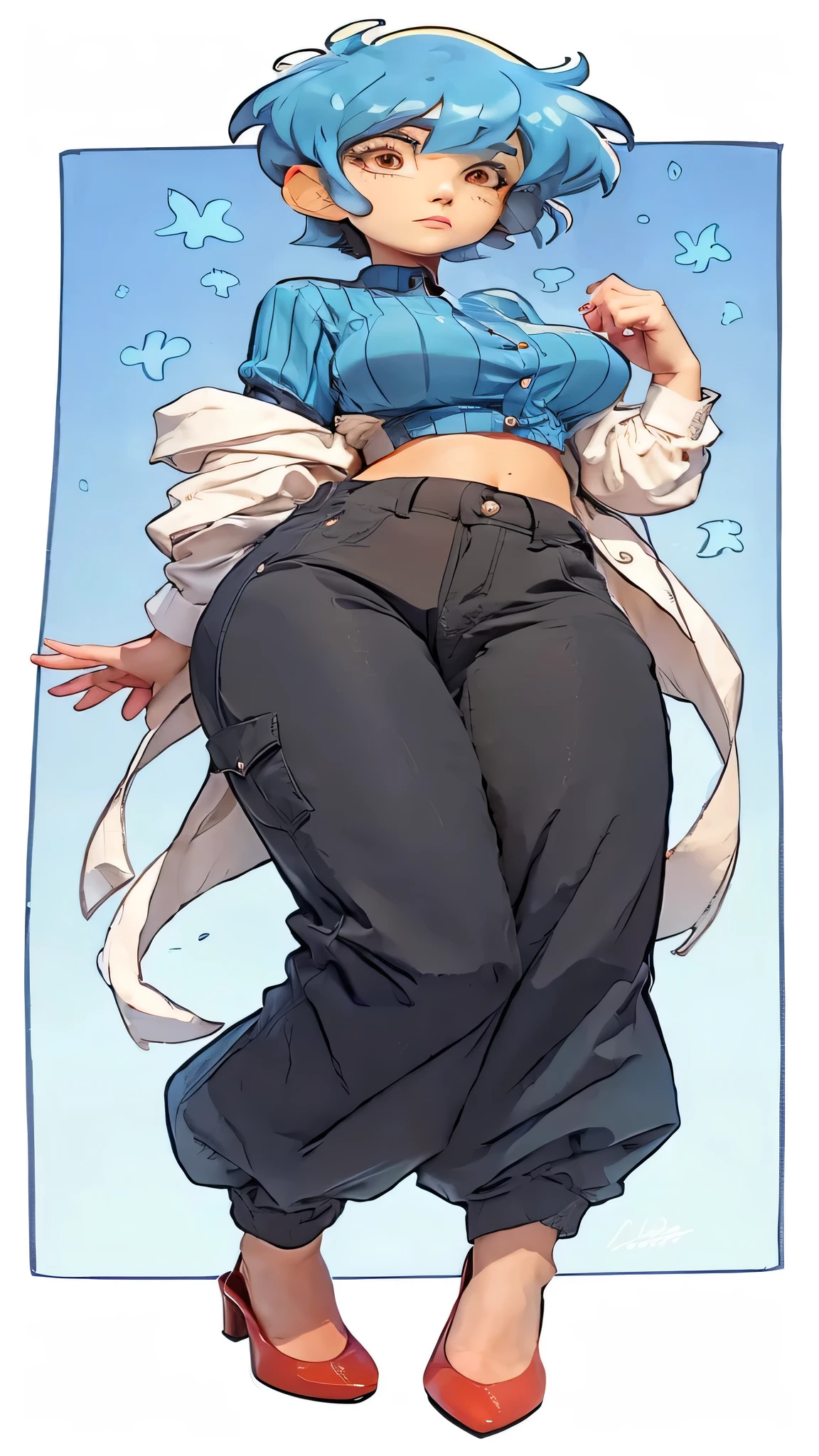  a beautiful sexy cute attractive big breast beautiful navy blue hair disheveled short cut in front of her orange eye wears a buttoned referee blouse black white stripe shows belly button long black pants red heels a kind of jellyfish Transparent blue holds her head powerful manipulation controlled her head 