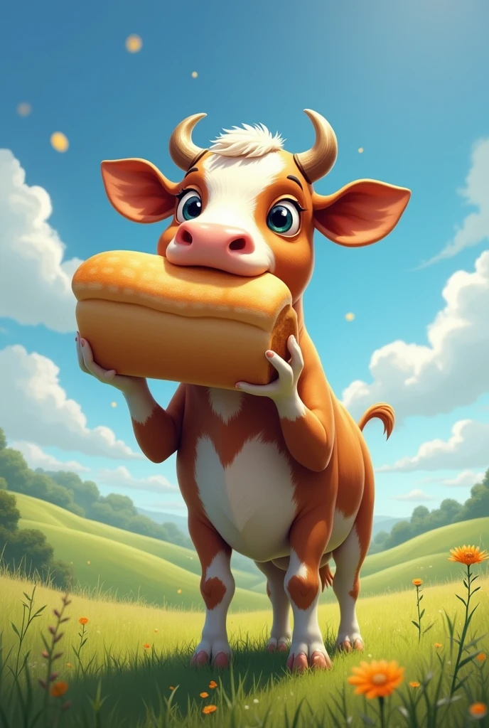 Cow eating a bread ledy
