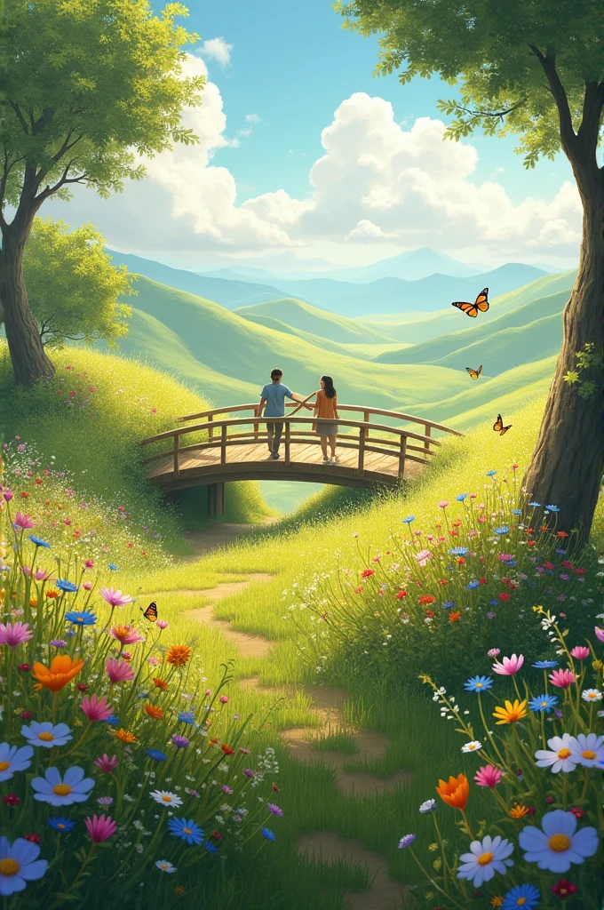 Discovery: After crossing the bridge, they find a beautiful meadow. What does the meadow look like, and how does it make them feel?