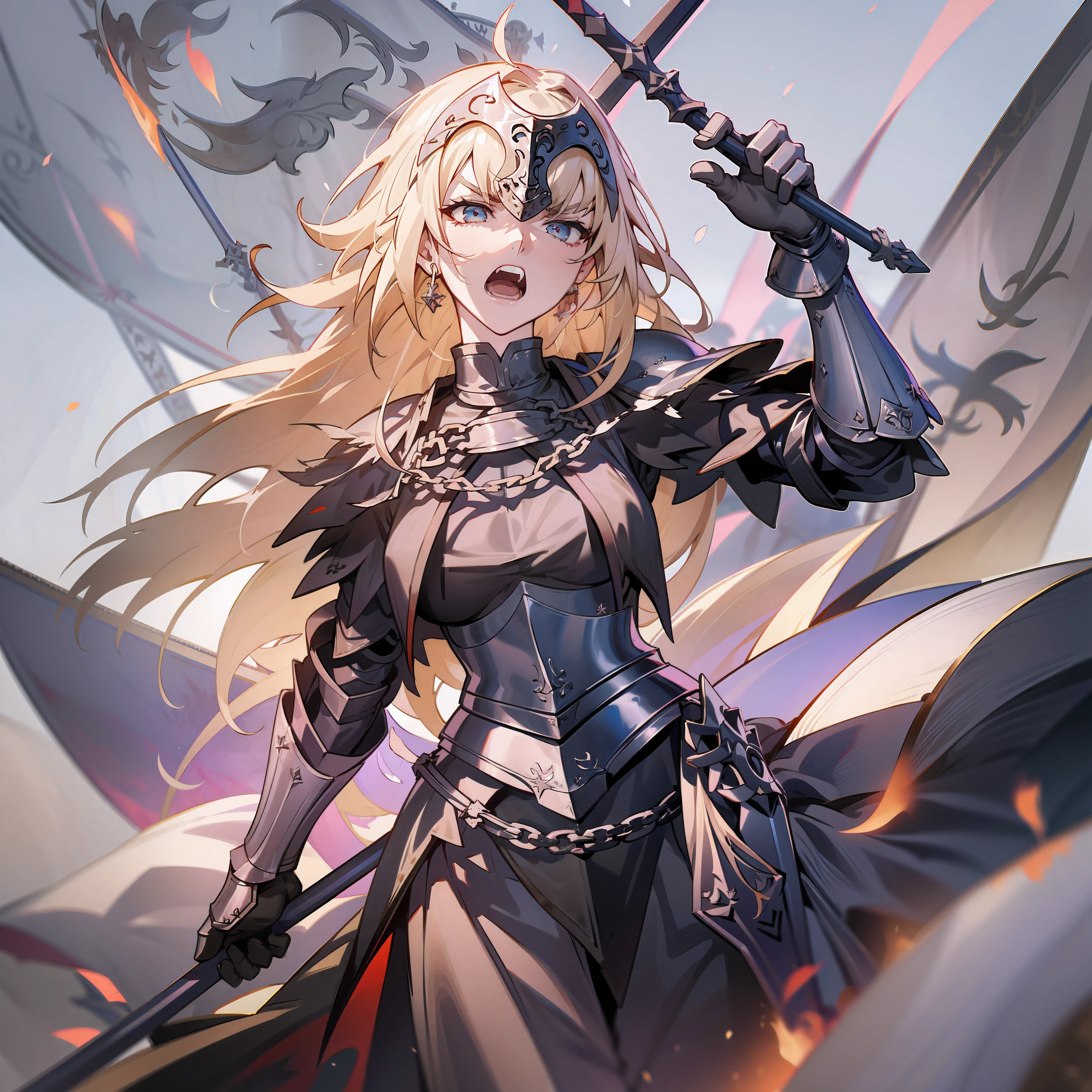 Joan of Arc Alter, destiny, Joan of Arc Alter with a black sword in her hand raised upwards on a battlefield, 8k, High resolution Japanese anime style, perfect hand, perfect eye, detailed eye, detailed hand, armor, raised hand, yelling, angry expression, 2d illustration , by rubio, midday sunlight, destruction, Medieval battle in the background