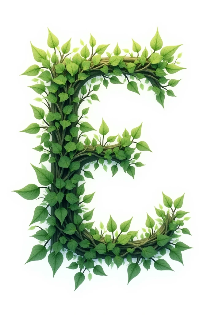 "A capital letter 'E' with an acute accent, in painting style, formed by intertwined branches, with leaves in shades of emerald green. The pure white background"