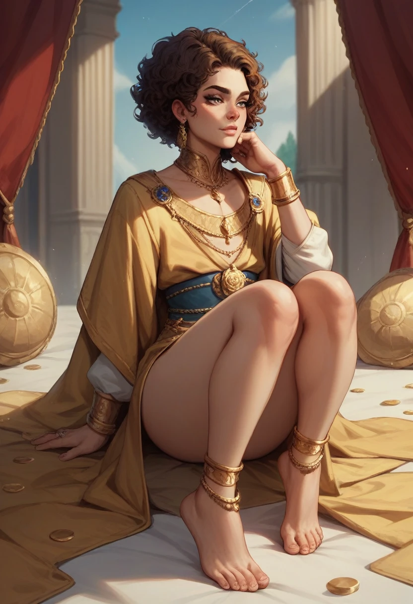 Femboy with short and curly hair, light skin complexion, wearing royal gold neck brace and royal gold anklet, bare feet, wearing a royal robe that exposes his thigh