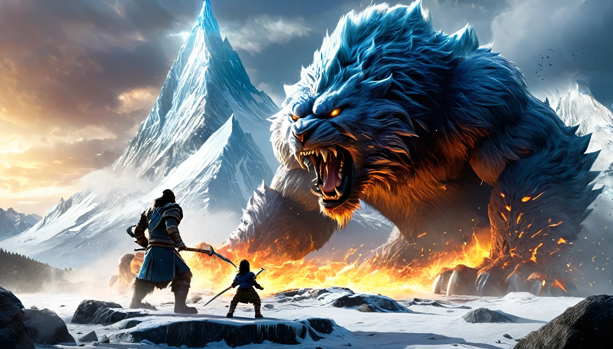 High definition, 8k, Huge monster setting fire to icy mountains, their paws pierce the mountain, and its roar is thunderous, father and son warriors, go after him, with master swords