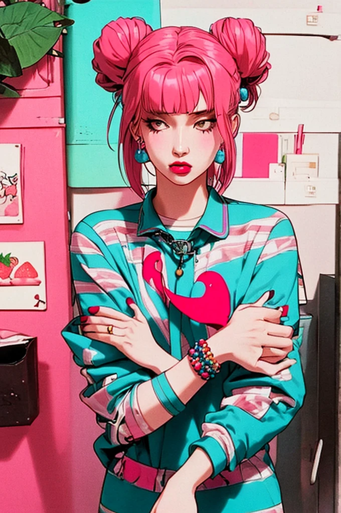 1 girl solo, ((strawberry)), pink hair buns, curly hair, cute dress, harajuku street fashion, decora fashion, beads and charms, many accessories, strawberry theme clothes, ,Kawaii, cute, pretty, anime, pastel, neon