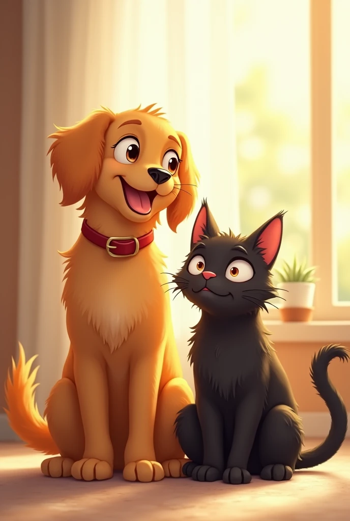Happy golden retriever dog and black cat with a bad face. sitting next to each other