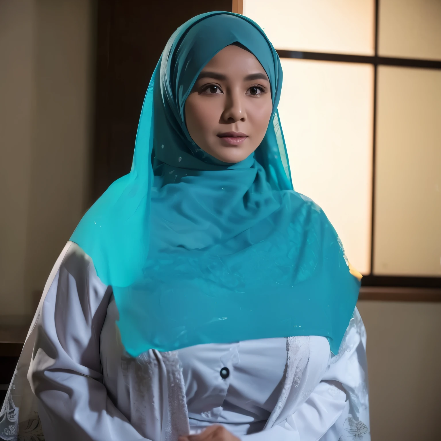 50 years Old, Hijab Indonesian mature woman, Big Tits : 66.9, Gamis, Breast out from her clothes : 1.9, at doctor office, Dark light, at Nighttime