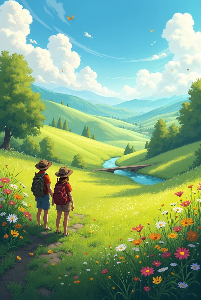 Discovery: After crossing the bridge, they find a beautiful meadow. What does the meadow look like, and how does it make them feel?