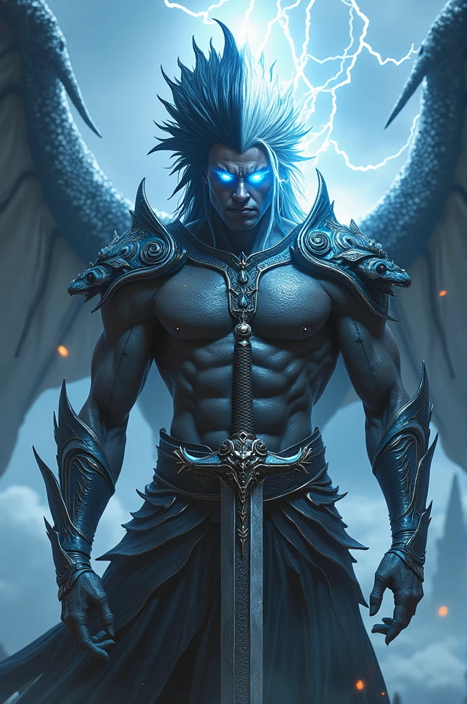 AKIRA, dragon god with lightning coming out of his eyes, hair with 2 colors black and silver, draconic armor, with dragons on their shoulders, long sword with dragon at the base of the sword, strong and tall character, furious expression in the eyes, the lightning scenario