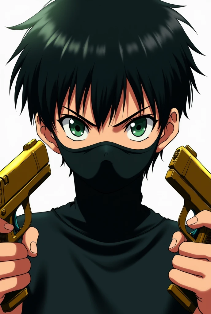 Anime style boy with black hair, green eyes, a black face mask and two golden guns with a serious expression