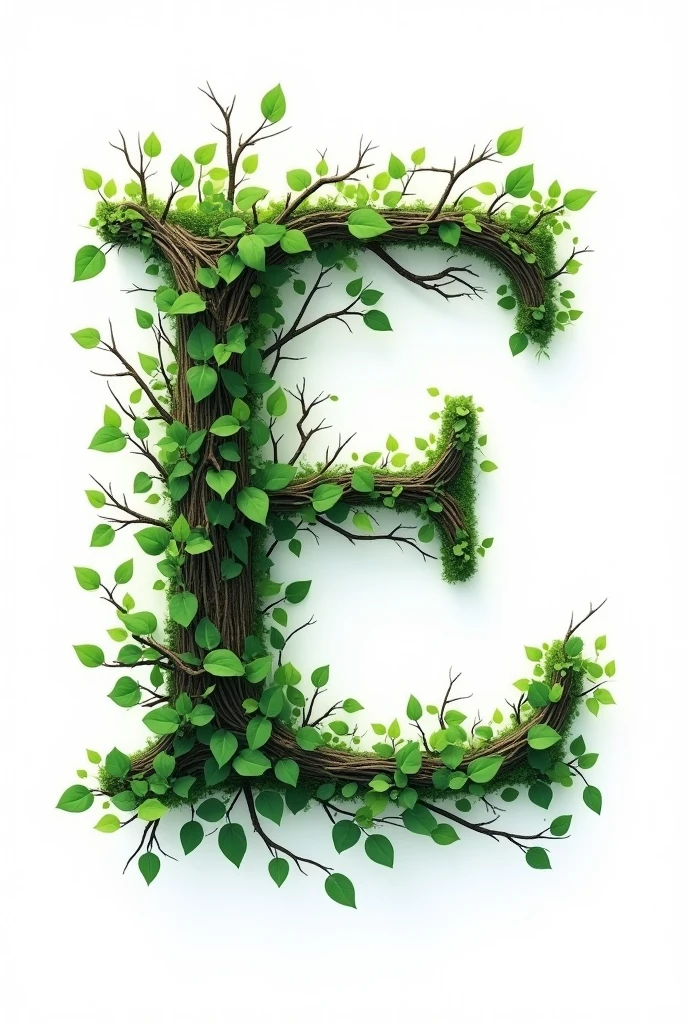 "A capital letter 'E' with an acute accent, in oil painting style, formed by intertwined branches, with leaves in shades of emerald green. The pure white background"