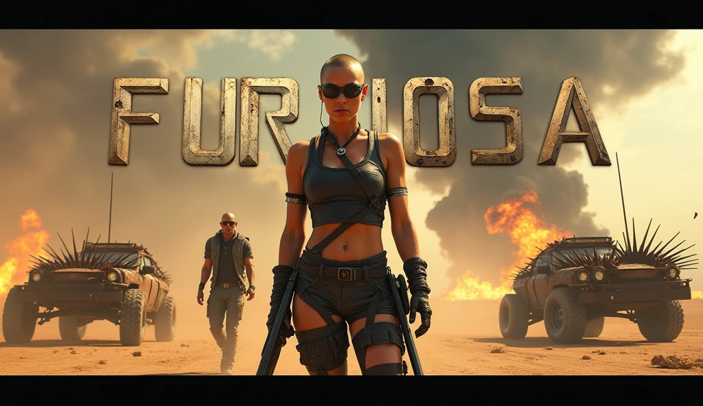 Center Furiosa, a fierce woman with a shaved head and black war paint across her eyes, in the foreground. She should be wearing rugged, battle-worn clothing and wielding a weapon. In the background, include prominent characters from the Mad Max saga, such as Max Rockatansky, with his rugged appearance, and Immortan Joe, with his menacing mask. They should be positioned on either side of Furiosa, slightly blurred but still recognizable. The desolate desert landscape should feature rusted, spiked vehicles and a stormy, dusty sky filled with fire, explosions, and flying debris. The overall color palette should be dark and gritty, with heavy contrasts to emphasize the harshness of the environment. The title 'Furiosa' should be bold and metallic, placed prominently at the top or bottom." 