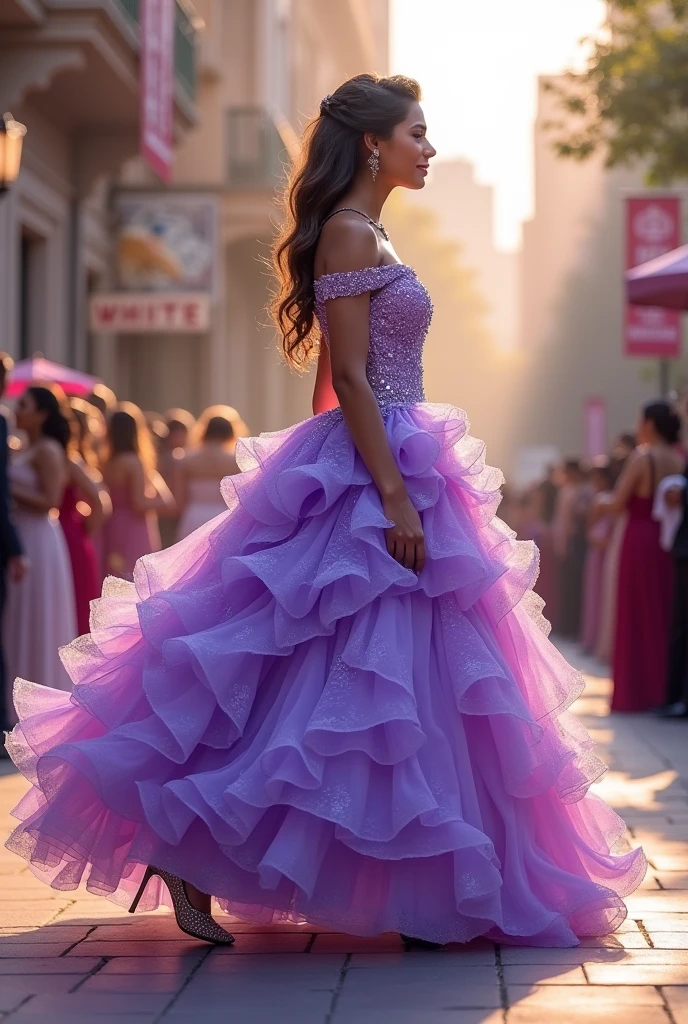 Quinceañera without tiara or crown walking in profile with a beautiful and extravagant lively lilac dress and with her feet visible with needle-point heels