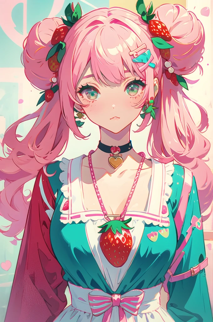 1 girl solo, ((strawberry)), pink hair buns, curly hair, cute dress, harajuku street fashion, decora fashion, beads and charms, many accessories, strawberry theme clothes, ,Kawaii, cute, pretty, anime, pastel, neon