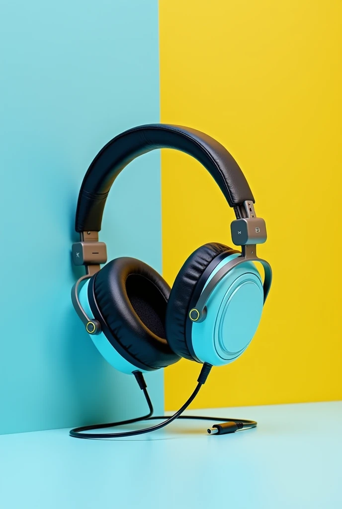 create image for Instagram with headphones,those that are hard phones, with type C cables with light blue yellow and black color
