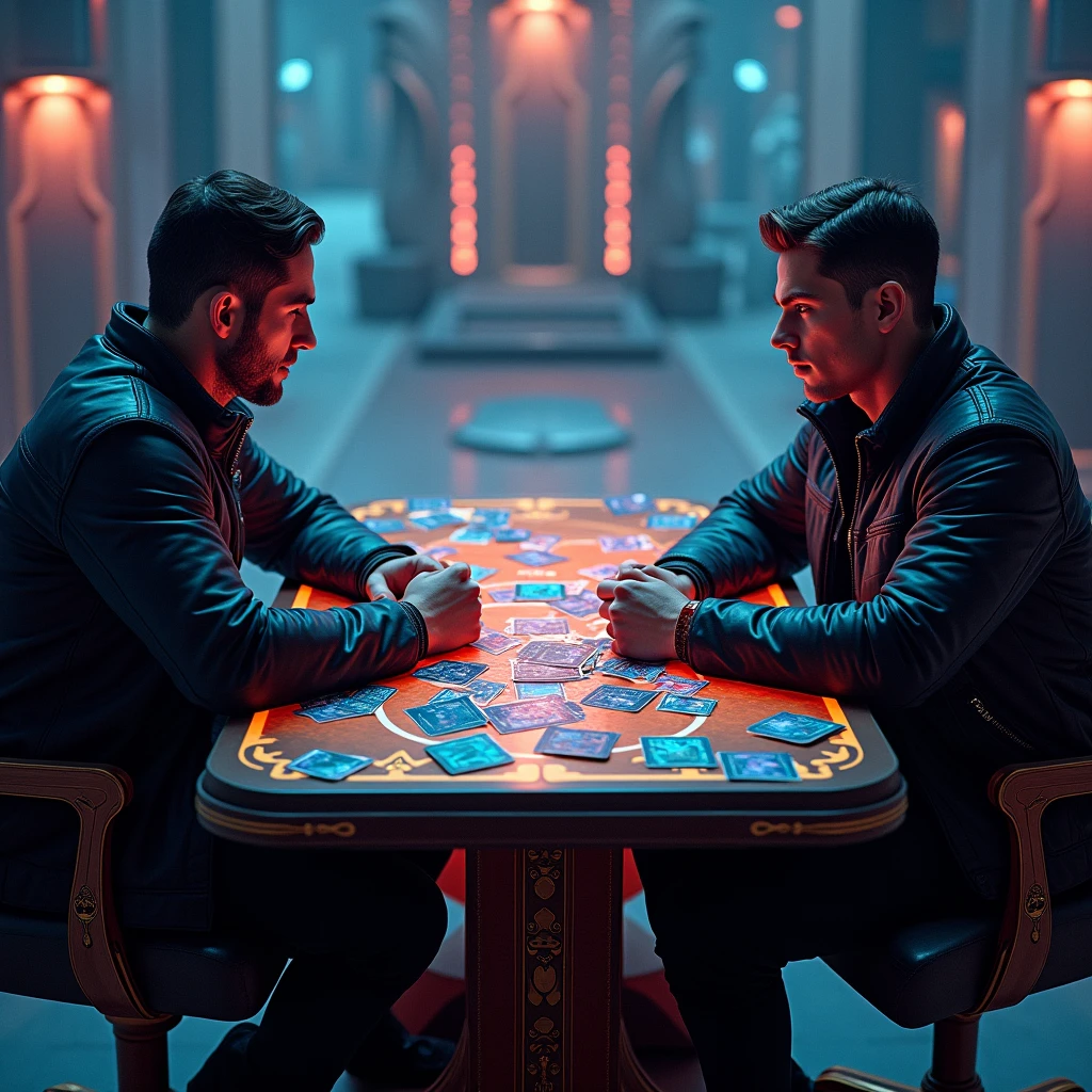 Card Game, Card Game arena, two players sit by game table, futurism cards tered on the table, super heroes call by cards, Hero and Card Connection together, from above, (best quality, masterpiece), intricate details, ultra-detailed, vivid colors