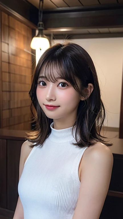 Highly detailed, photorealistic portrait of a young woman in her 20s。face:
Outline of an inverted triangle、Sharp jaw:1.8、Thin eyebrows、知的なface立ち
大きな目と高い鼻
目:
Brown eyes、A hairstyle with subtle highlights and gentle glowing eyes:
Medium Length、The bangs are cut diagonally and the hair color is dark brown.:
Light Skin Tone、Smooth and healthy looking skin:
calm and gentle smile