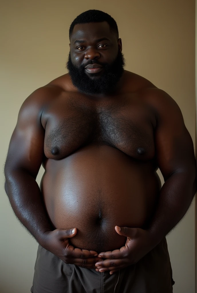 A black skinned chubby man with strong arms. He’s very hairy and has a bushy chest, and plus he has red eyes. He has no shirt on, and is in a pair of boxers. They bulge, showing his big cock. He’s pregnant and also lactating.
He looks very kind, and caring, and looks like a total sweetheart.