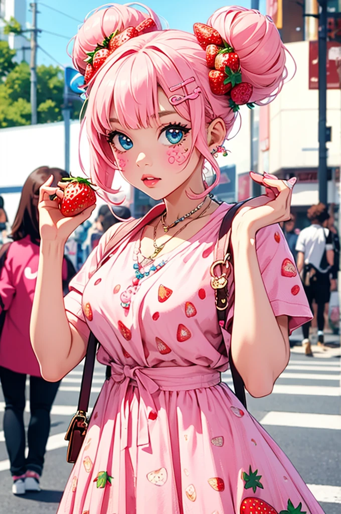 1 girl solo, ((strawberry)), pink hair buns, curly hair, cute dress, harajuku street fashion, decora fashion, beads and charms, many accessories, strawberry theme clothes, ,Kawaii, cute, pretty, anime, pastel, neon