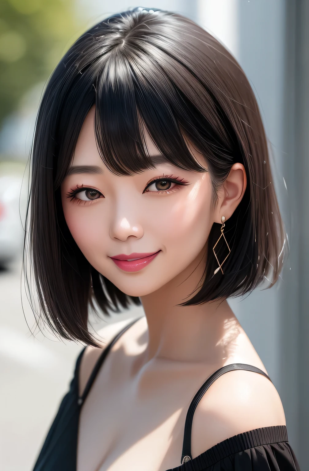40-year-old Japanese woman、Big smile、The moment you get out of the car、Long bob cut with black hair、Perfect Makeup、Glossy pink lips、Black off-the-shoulder sweater、Long skirt、High heels、Surrealism, depth of field, masterpiece, super detail, best quality, 8k