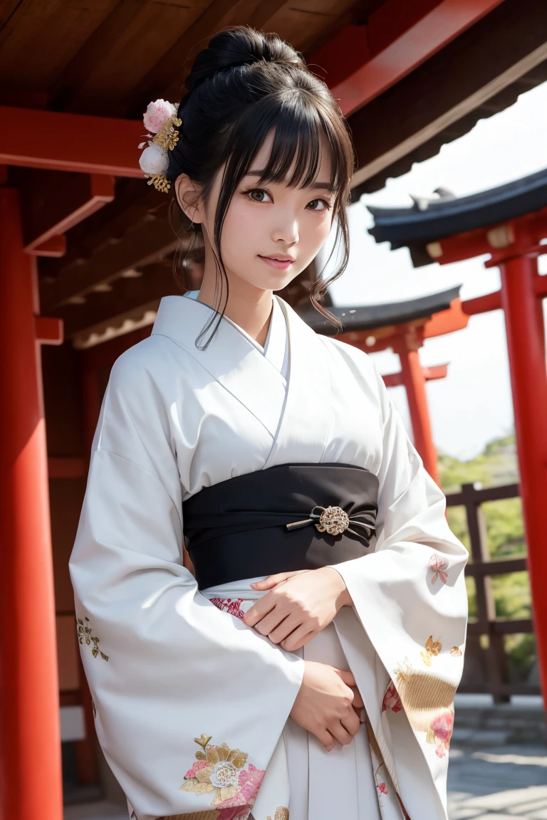 kimono,family,(Realistic:1.3), In detail, quality, Rembrandt Lighting, (masterpiece:1.2), (photoRealistic:1.2), (best quality), (Detailed skin:1.3), (Intricate details), dramatic, Ray Tracing, One girl, Japanese Girls, 21 years old, Detailed skin texture, (blush:0.5), (It gives me goosebumps:0.5), Scattered beneath the surface, smile, Medium chest, Updo, bangs, Hair between the eyes, hair ornaments, Long-sleeved kimono, Cowboy Shot, (Bright sunny day, torii, Japanese Shrines, stage, wood),