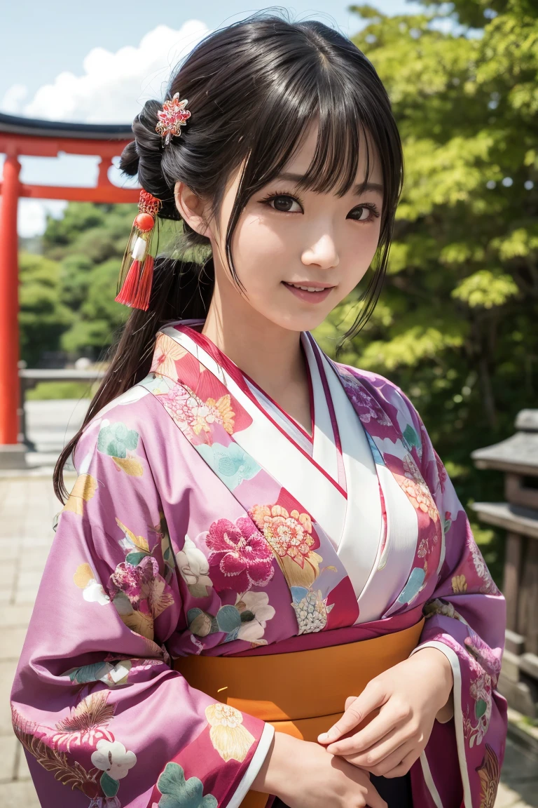 kimono,family,(Realistic:1.3), In detail, quality, Rembrandt Lighting, (masterpiece:1.2), (photoRealistic:1.2), (best quality), (Detailed skin:1.3), (Intricate details), dramatic, Ray Tracing, One girl, Japanese Girls, 21 years old, Detailed skin texture, (blush:0.5), (It gives me goosebumps:0.5), Scattered beneath the surface, smile, Medium chest, Updo, bangs, Hair between the eyes, hair ornaments, Long-sleeved kimono, Cowboy Shot, (Bright sunny day, torii, Japanese Shrines, stage, wood),