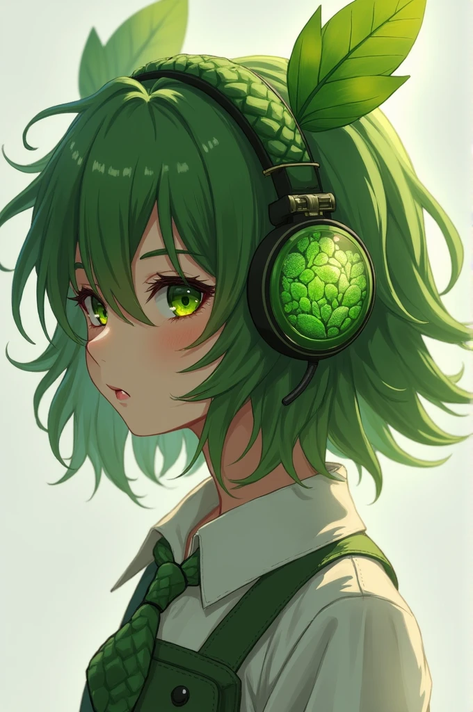 Girl with emo-like leaf-shaped hair,and headphones made of leaf.