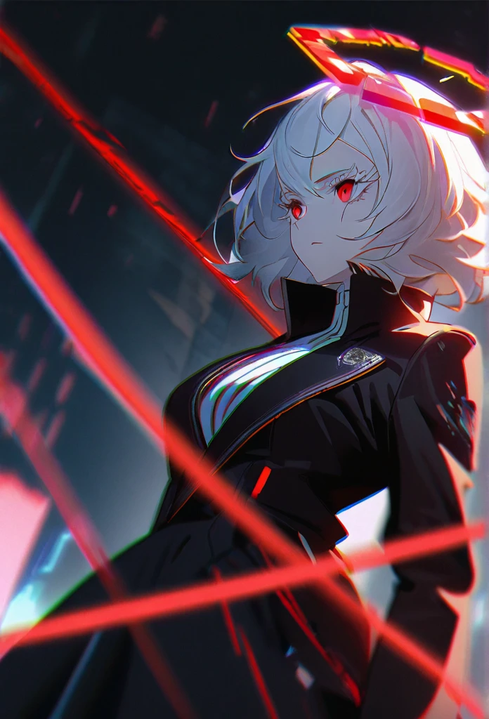 1girl, white hair, wild hair, red eyes, (white eyelashes:1.2), emotionless, red glow halo, mature, black coat, short hair, (chromatic aberration:1.2), corrupt image, reality break, destruction city, solo, (evil godness:1.2), digital dissolve, ambient energy, dynamic pose