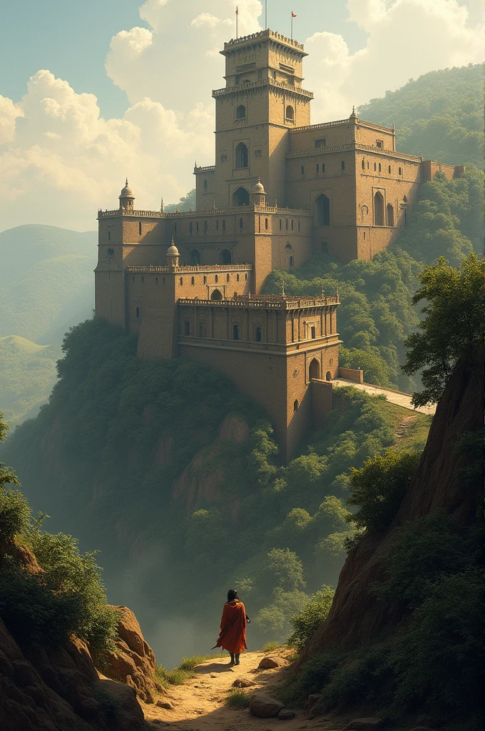 Shivaji Maharaj’s Birth**: An artistic portrayal of Shivneri Fort in 1630, with a focus on its historical ambiance, symbolizing the birth of Shivaji Maharaj.