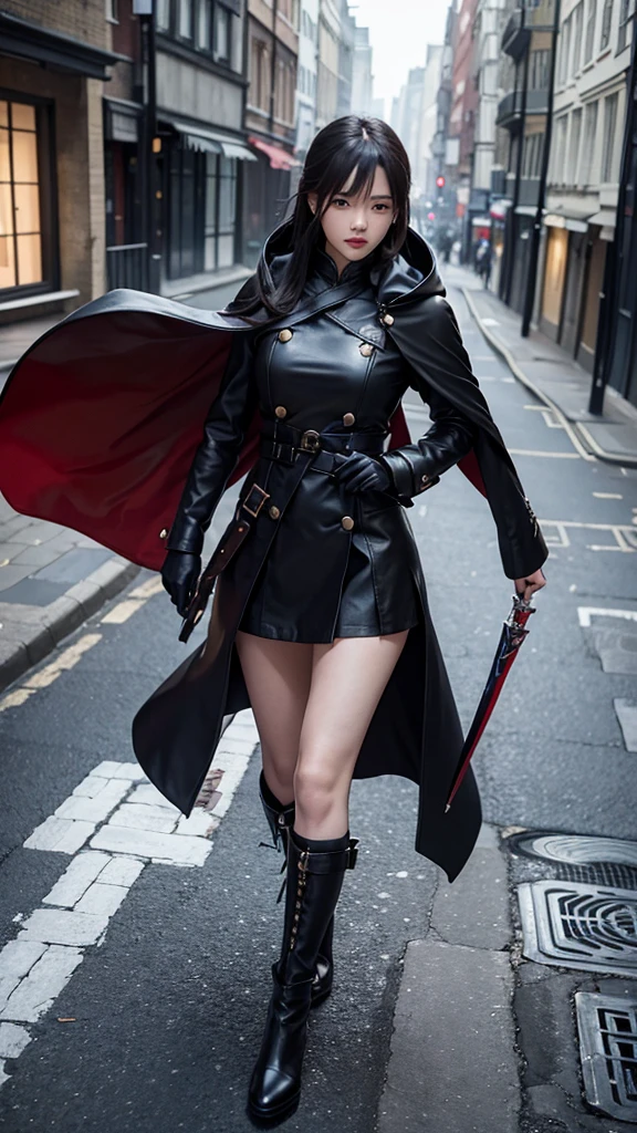 Female assassin South Korea hooded on with modern coat with buttons with short skirt and cape and very high heel and gloves with hidden blade on, walk from roof to roof in 1884 London , 4K