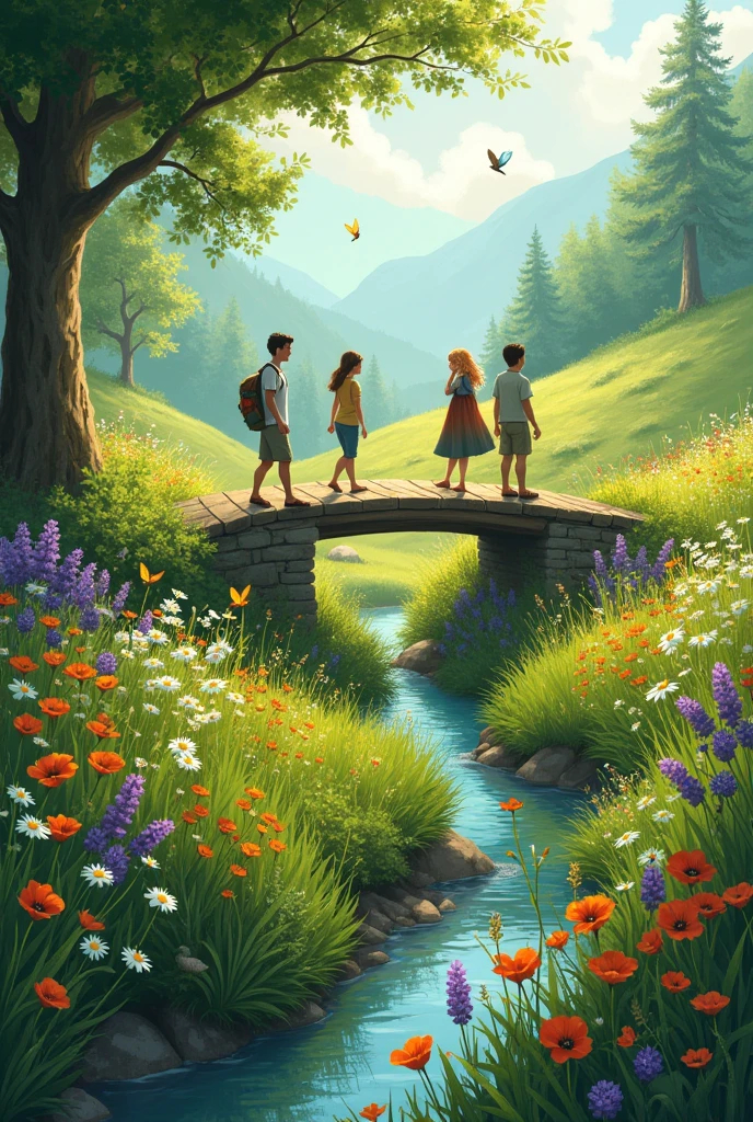 Discovery: After crossing the bridge, they find a beautiful meadow. What does the meadow look like, and how does it make them feel?