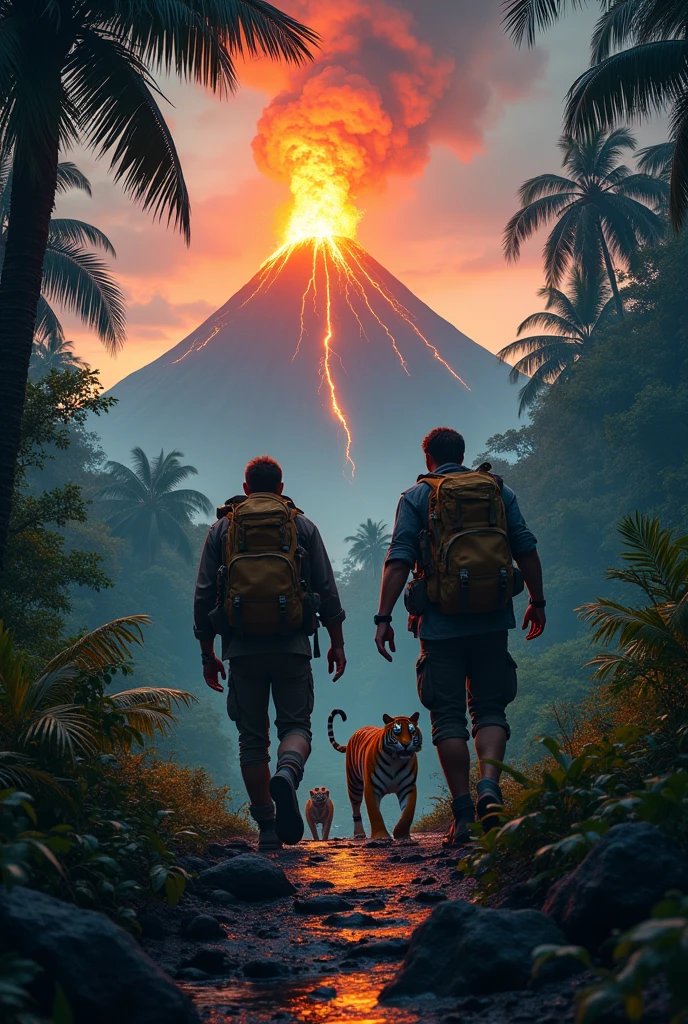 Two man explore running in the jungle, when they see a raging volcano, animals are running, tiger cheeta running, snakes are screard at midnight night