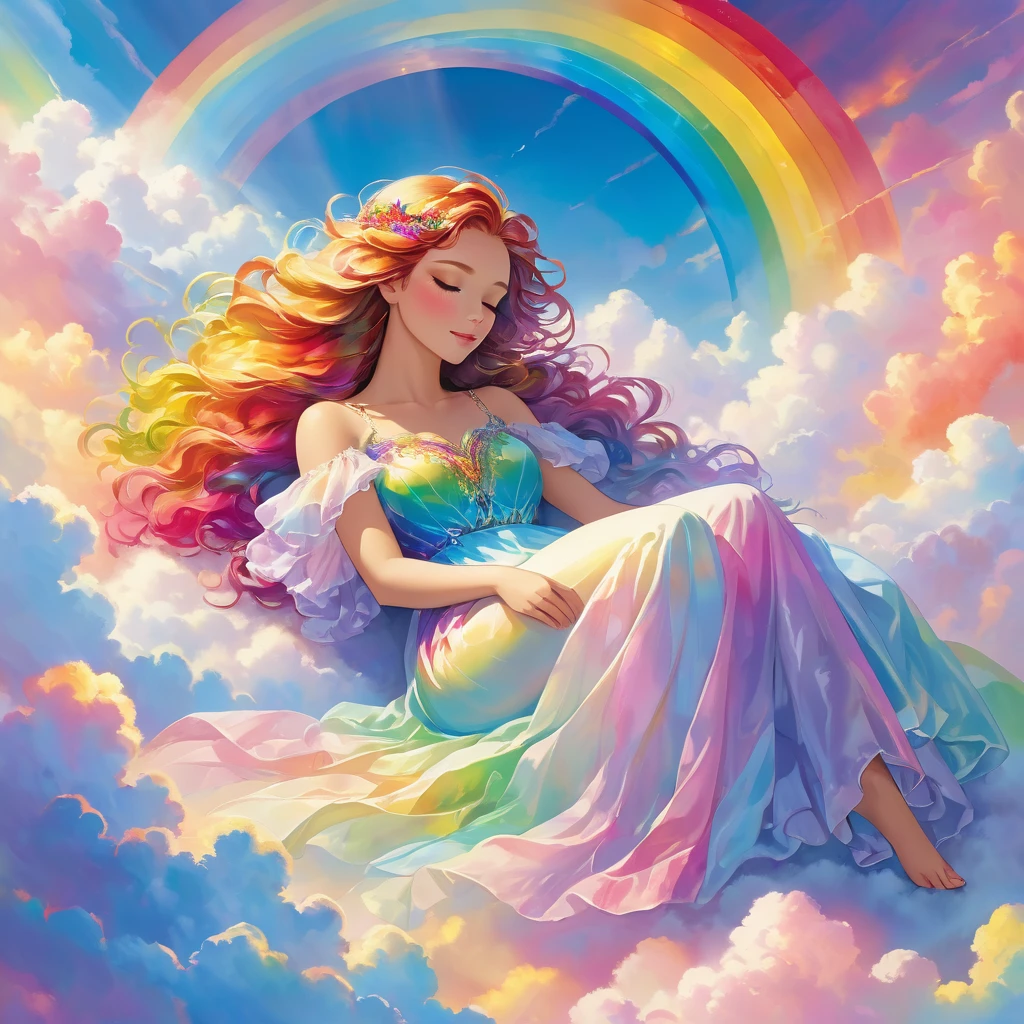A stunningly ethereal woman, composed of a dazzling array of rainbow hues, reclines gracefully at the end of a radiant rainbow amidst the fluffy clouds in the sky. Bathed in dynamic and enchanting lighting, accentuates her vibrant, full-bodied form. Fantasy art. Masterpiece