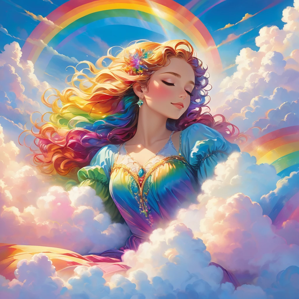 A stunningly ethereal woman, composed of a dazzling array of rainbow hues, reclines gracefully at the end of a radiant rainbow amidst the fluffy clouds in the sky. Bathed in dynamic and enchanting lighting, accentuates her vibrant, full-bodied form. Fantasy art. Masterpiece 