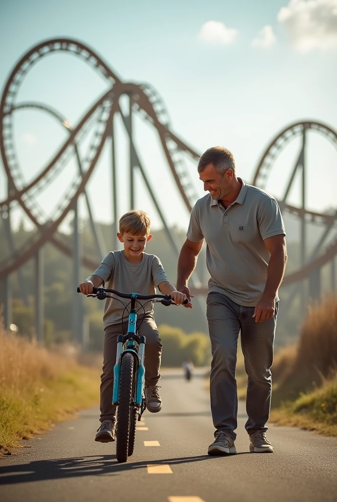 a father with his son playing or the father teaching his son to do something like fishing, riding a bicycle, make a kite, play with rope or with a roller coaster
