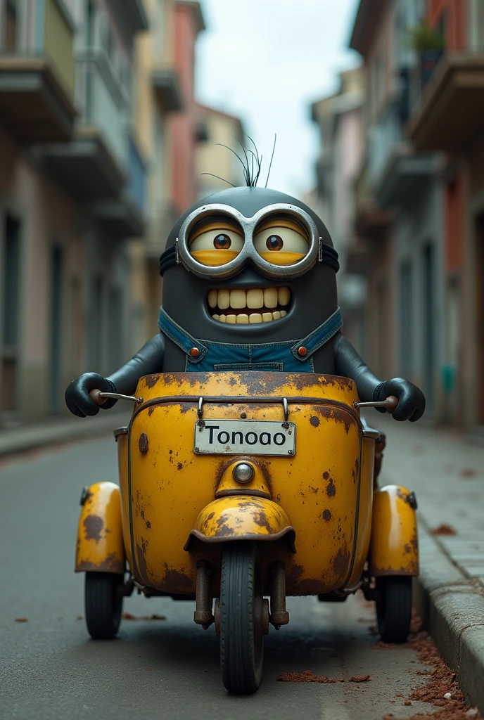 A dark-complexioned, bald Minion from the Despicable Me franchise, sporting its signature overalls and goggles, is parked at the corner, less than five meters away from the edge of the transverse road alignment, with a mischievous grin spreading across its face, showcasing its yellow teeth, as it sits in a rusty, worn-out, bright yellow three-wheeled vehicle, adorned with dents and scratches, with a license plate featuring bold, black, sans-serif fonts, amidst a drab, urban setting with faded, grey pavement, worn-out buildings, and a somber, overcast sky, devoid of any vibrant colors, exuding a sense of eeriness and mystery.
