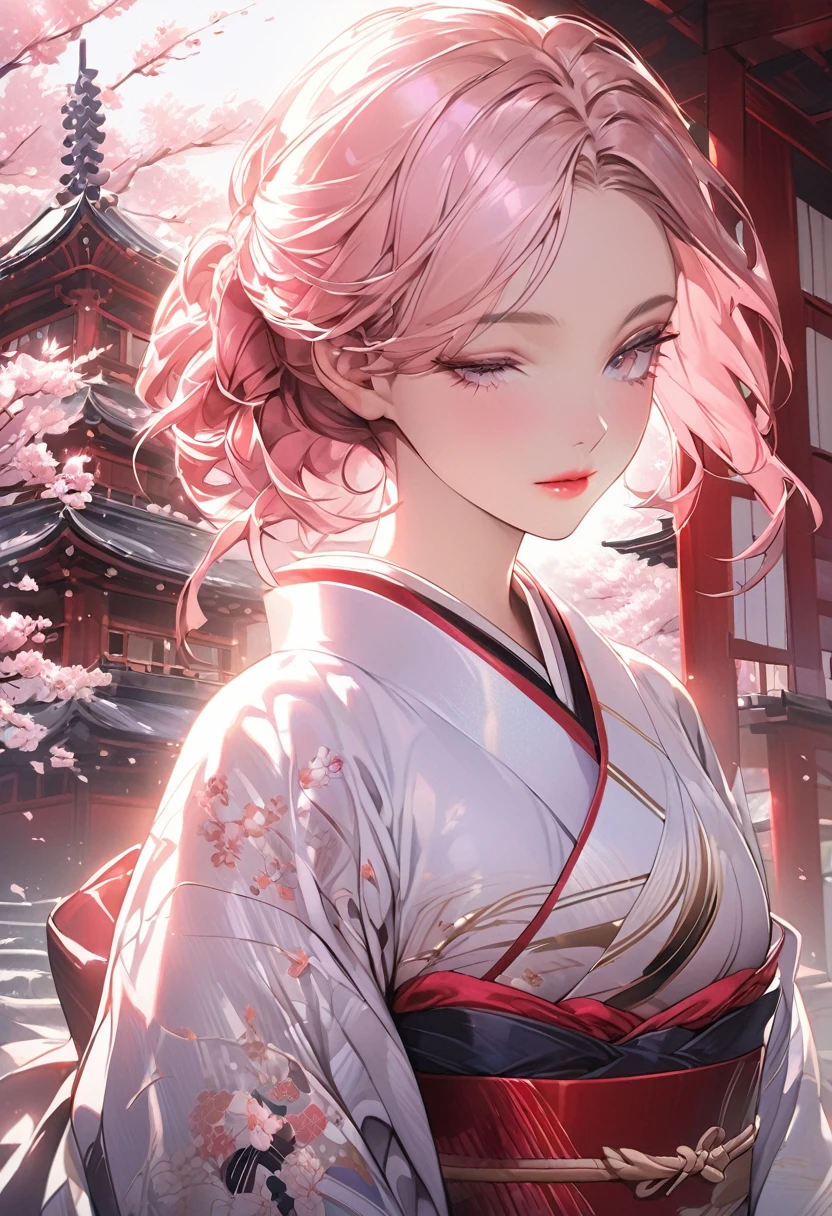 Taken from front, A hyper realistic Anime style portrait, Create a digital painting of an elegant woman dressed in a traditional Japanese kimono with a modern twist. The kimono is primarily black, providing a strong and sophisticated base, and features red and pink cherry blossom patterns that add warmth and delicacy. The red obi (belt) complements the kimono and adds a vibrant contrast. The woman is holding a large red umbrella above her, with subtle highlights that suggest sunlight filtering through. Her eyes are closed, exuding grace and serenity, and her hair is styled in a neat updo with soft waves. The background should depict a serene Japanese garden with cherry blossom trees in full bloom and a traditional pagoda structure in muted reds, with soft pastel hues creating a peaceful atmosphere. The textures should be smooth and polished, with the kimono appearing silky and luxurious, and the cherry blossoms delicate and soft. The overall atmosphere should be calm and sophisticated, with a harmonious blend of colors and textures that emphasize the character’s elegance and the serene setting, beautiful girl, beautiful detailed eyes, beautiful detailed lips, extremely detailed face and skin, long eyelashes, graceful pose, serene expression, cinematic lighting, award-winning digital art, highly detailed, 8k, photorealistic, masterpiece, vibrant colors, dramatic lighting