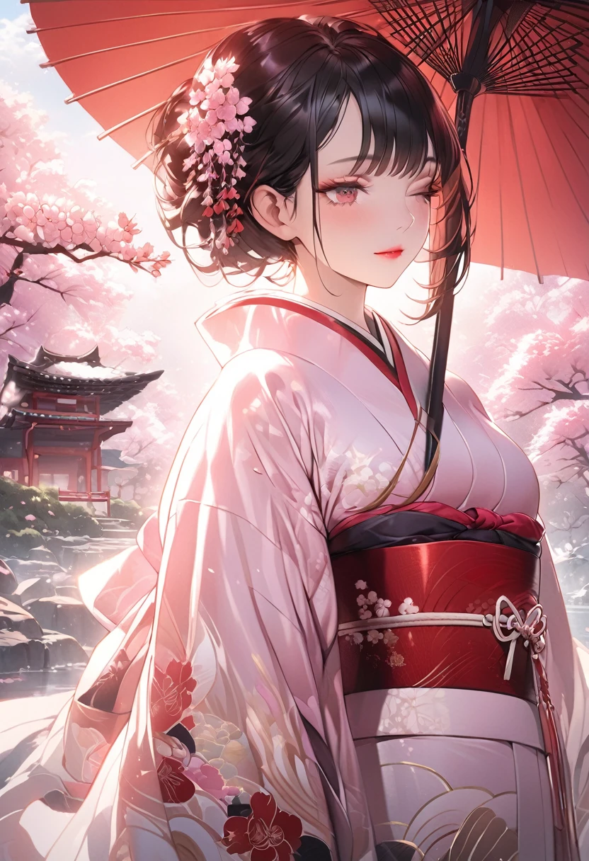 Taken from front, A hyper realistic Anime style portrait, Create a digital painting of an elegant woman dressed in a traditional Japanese kimono with a modern twist. The kimono is primarily black, providing a strong and sophisticated base, and features red and pink cherry blossom patterns that add warmth and delicacy. The red obi (belt) complements the kimono and adds a vibrant contrast. The woman is holding a large red umbrella above her, with subtle highlights that suggest sunlight filtering through. Her eyes are closed, exuding grace and serenity, and her hair is styled in a neat updo with soft waves. The background should depict a serene Japanese garden with cherry blossom trees in full bloom and a traditional pagoda structure in muted reds, with soft pastel hues creating a peaceful atmosphere. The textures should be smooth and polished, with the kimono appearing silky and luxurious, and the cherry blossoms delicate and soft. The overall atmosphere should be calm and sophisticated, with a harmonious blend of colors and textures that emphasize the character’s elegance and the serene setting, beautiful girl, beautiful detailed eyes, beautiful detailed lips, extremely detailed face and skin, long eyelashes, graceful pose, serene expression, cinematic lighting, award-winning digital art, highly detailed, 8k, photorealistic, masterpiece, vibrant colors, dramatic lighting